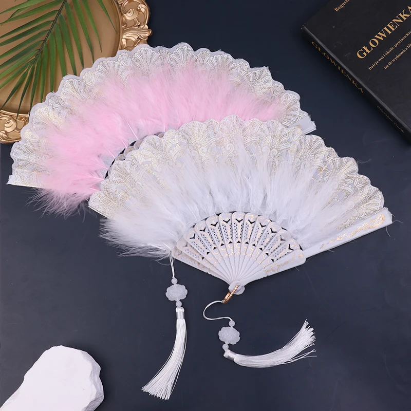 Luxury White Black Lace Folding Fan Double-layered Plastic Wedding Cosplay Party Home Decorative Fan Ancient Bride Hand Fan