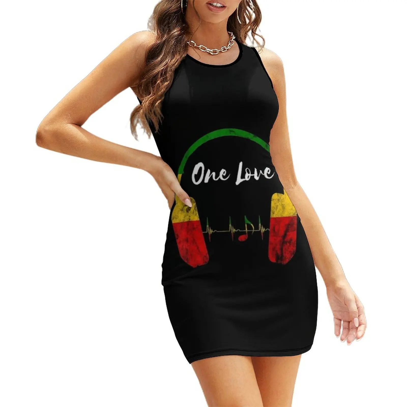 

Rasta Reggae Music Headphones Jamaican Pride One Love Sleeveless Sundress women clothes chic and elegant woman dress