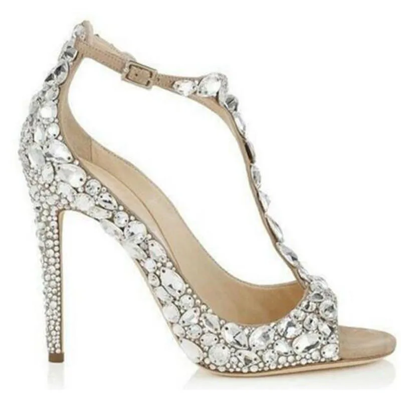 

Summer Glitter Diamond T-Strap Sandals Women Shiny Gem Rhinestones Wedding Pumps Crystal Embellished Heel Dress Sandal Shoes