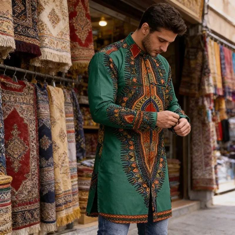 

Мужские мусульманские топы 2026: рубашки в этническом стиле с длинным рукавом, воротником-стойкой, повседневные, приталенные, с асимметричным подолом, в стиле Марокко/Дубай