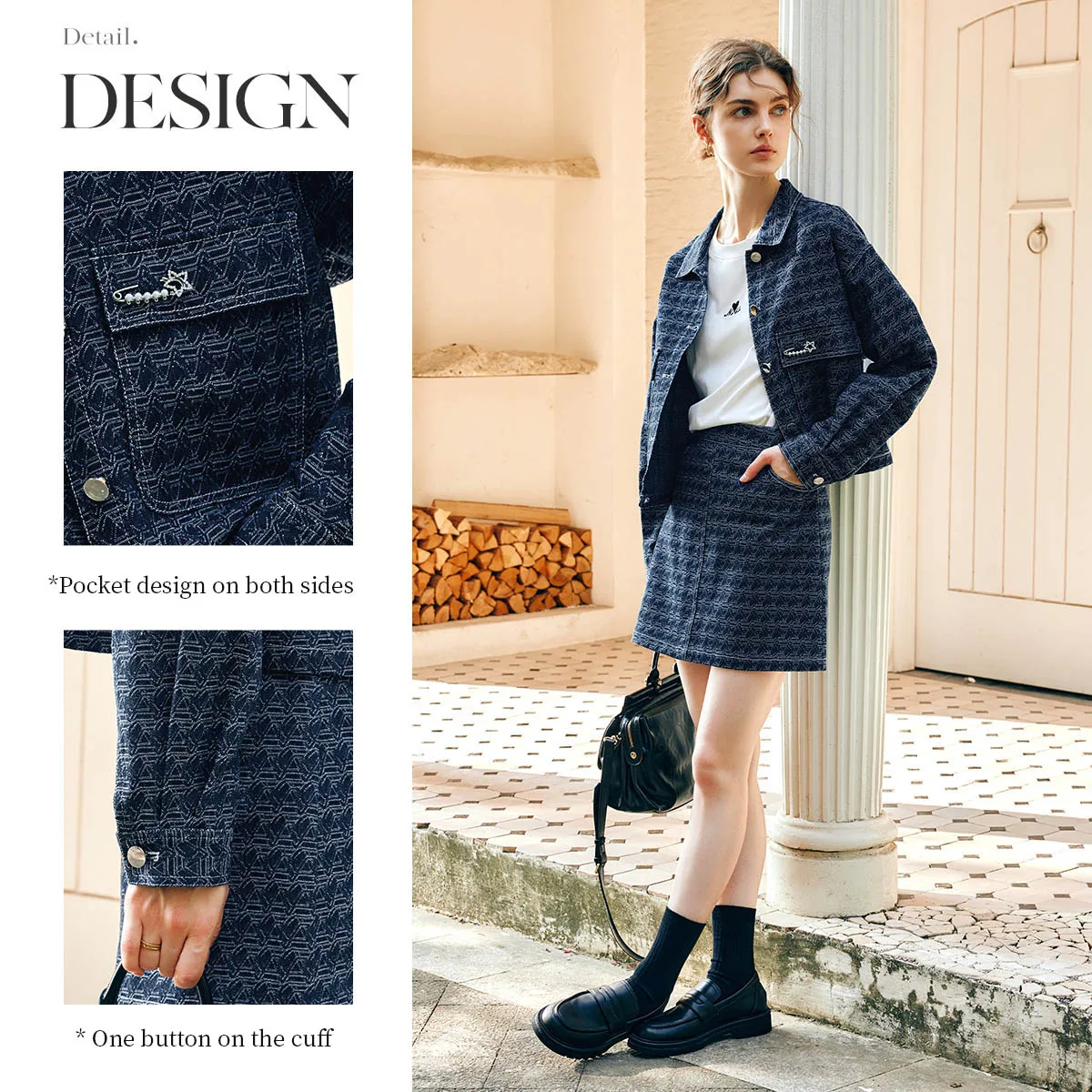 طقم تنورة نسائي من OLrain لعام 2025 بياقة مقلوبة وأكمام طويلة من قماش الدنيم تنانير صغيرة على شكل حرف a طقم أنيق مكون من قطعتين M57CE96035 #5