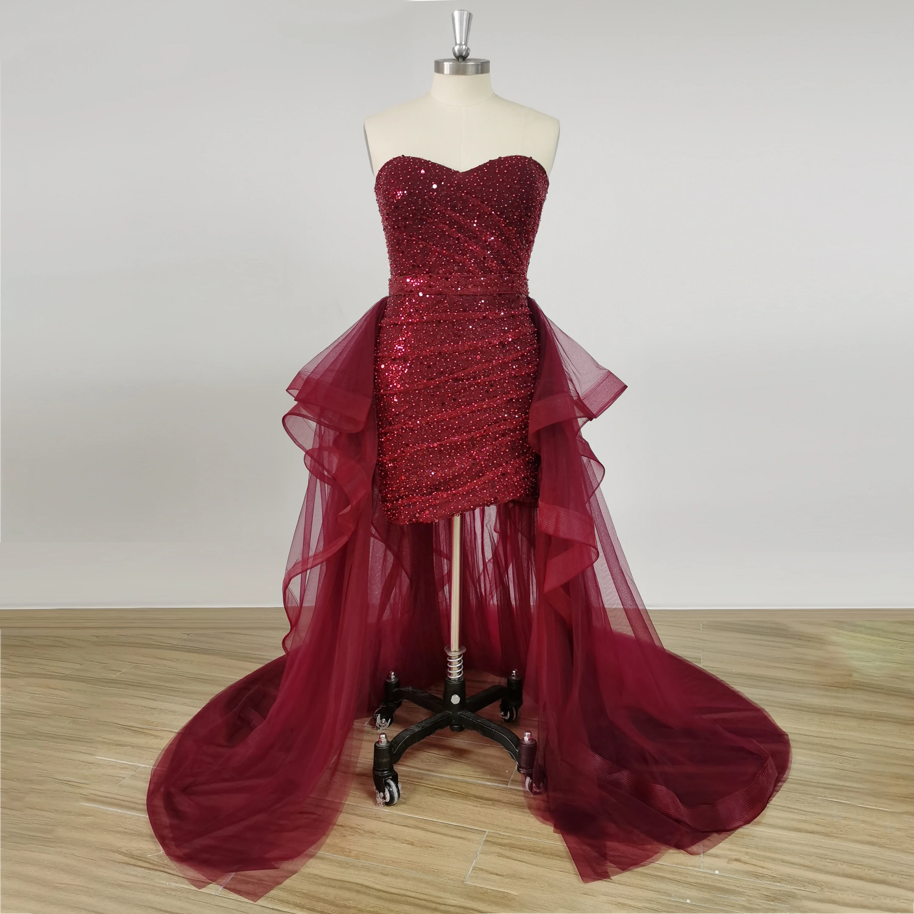 DIDEYTTAWL Red High-Low Sequins Detachable Train Short Prom Dress Pleated Sheath Strapless Ruched Evening Gown Real Photo