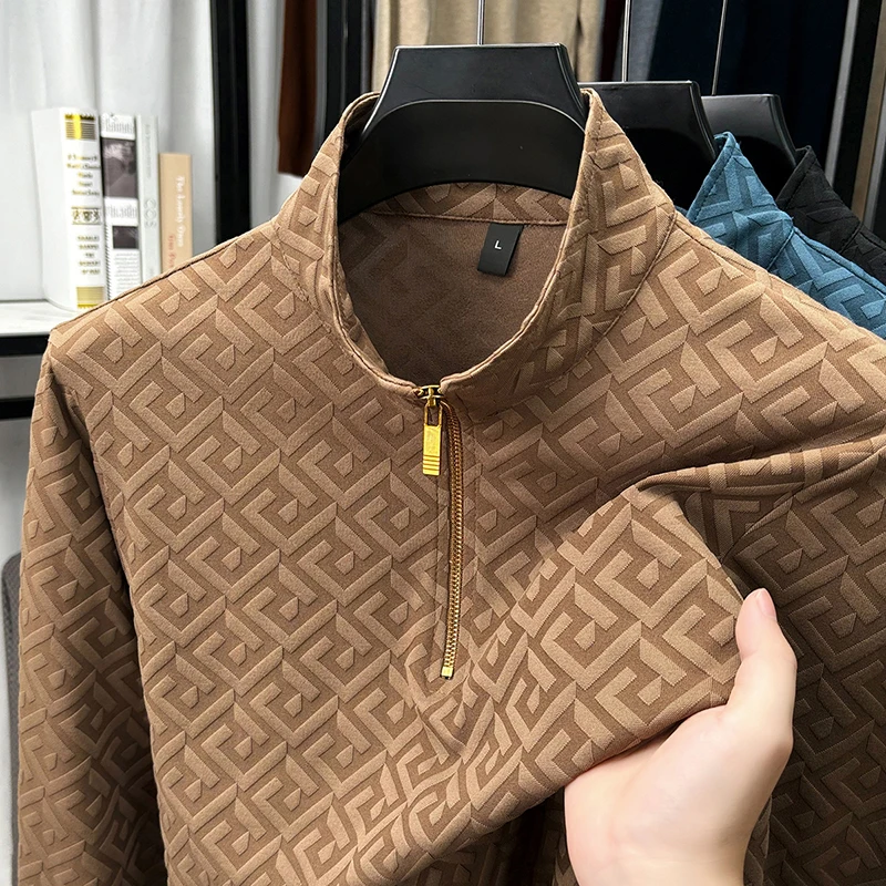 

Jacquard Craftsmanship~Zipper Half High Collar Hoodie for Men's Spring and Autumn Trendy Long Sleeve Casual Hoodie