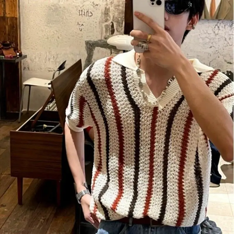 Summer Cut-out Knit Men's Fashion Striped Contrast Woolen Casual Short-sleeved Polo Shirt