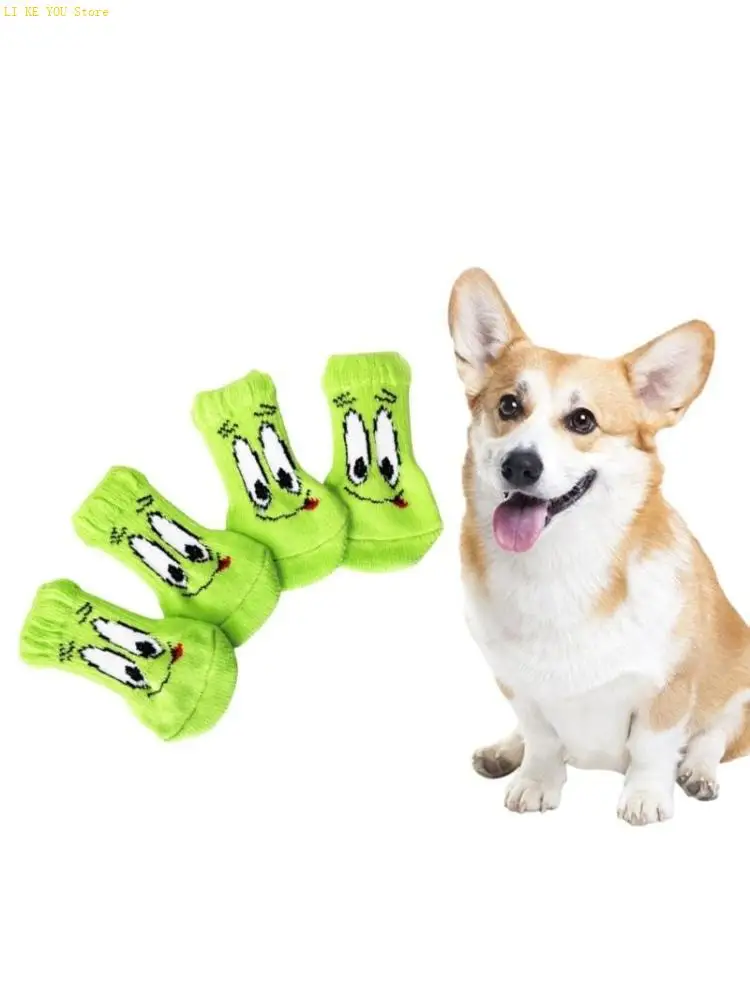 W3JE 4pack Thickening Pet Socks Green Eyes Pattern Socks Elasticity Dog Warm Socks for Media Sized Breeds