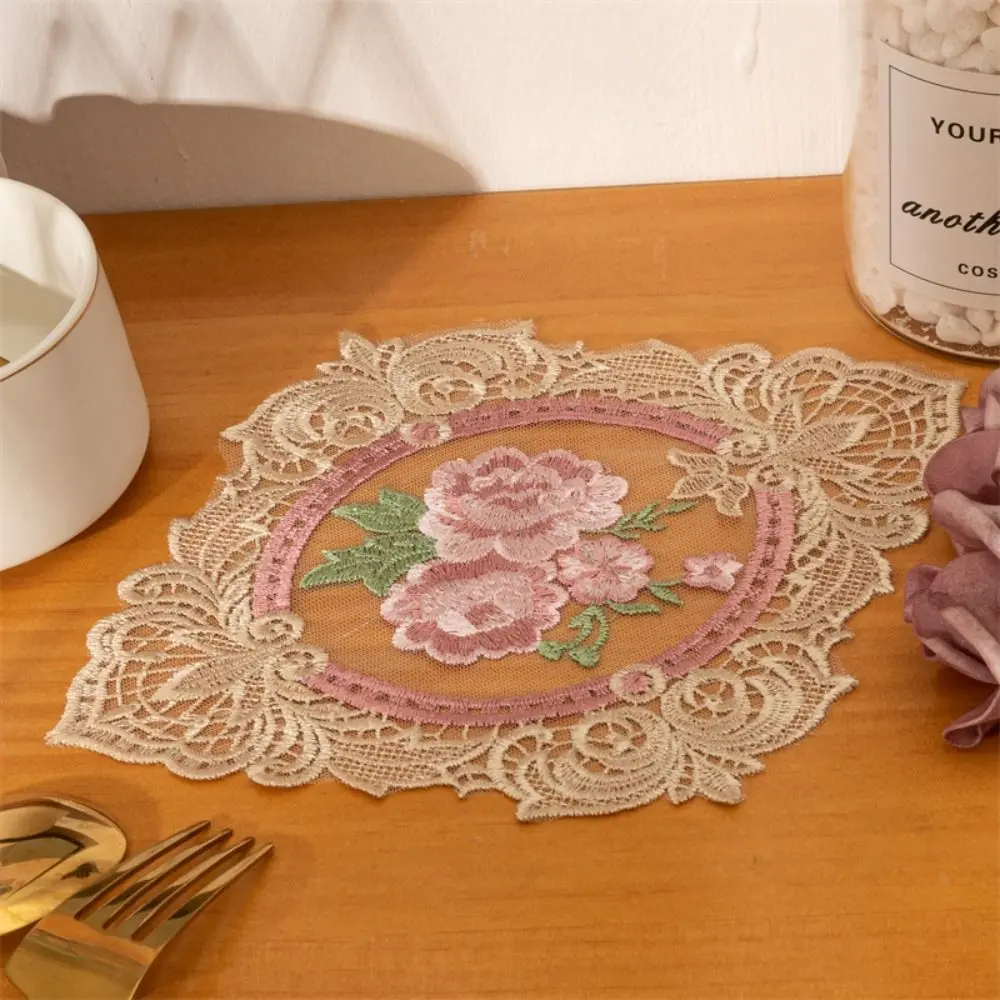 Elegant Oval Lace Embroidered Coaster Anti-scald Photo Props Dining Table Cover European Style Coffee Drink Pad for Home Decor
