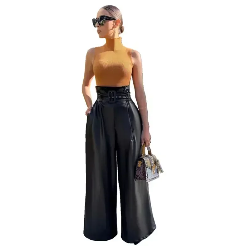 Women's Pants Wholesale Items High Waist Pu Leather Black Wide Leg Pants for Women Casual Fashion Loose Streetwear Trouser Femme