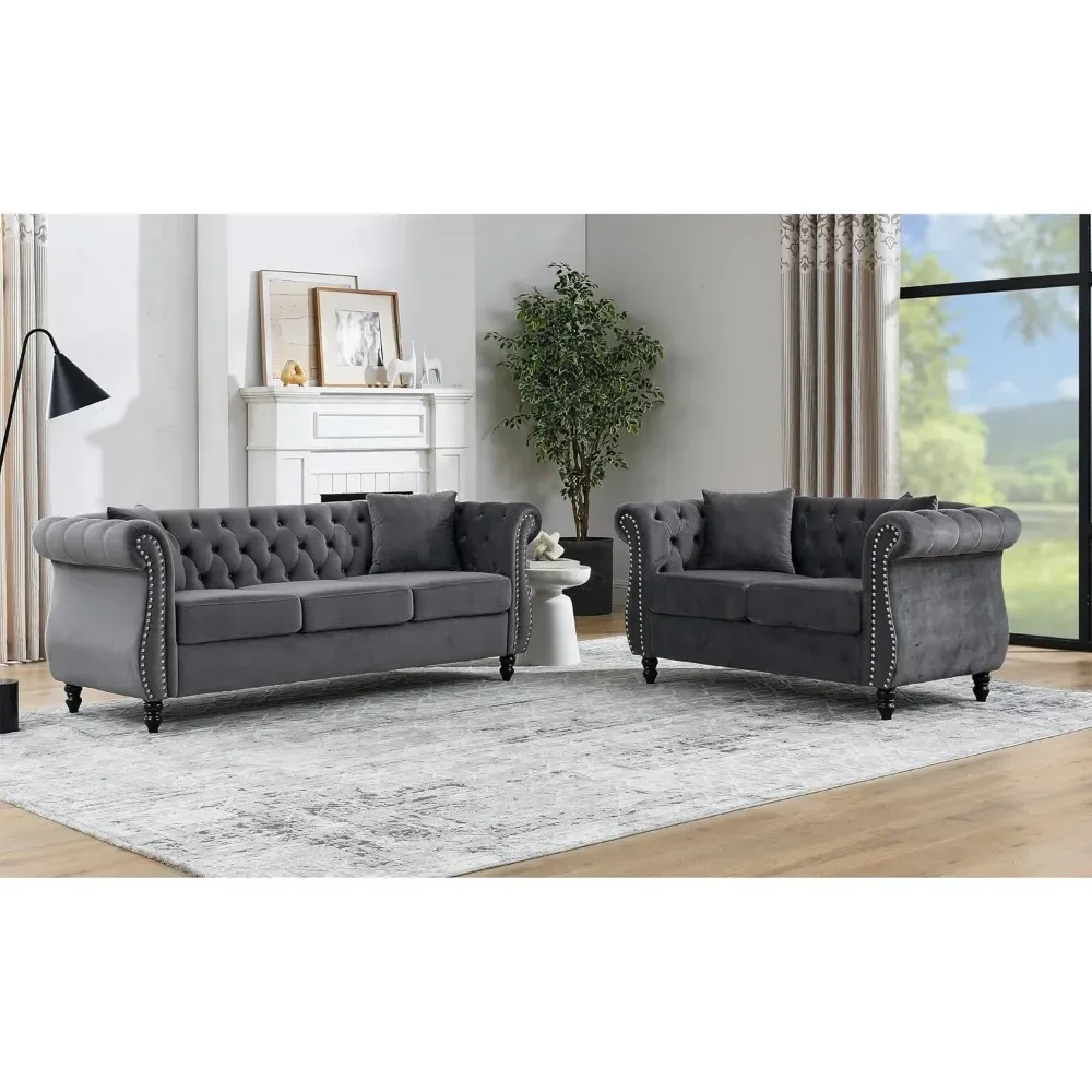 

2 Piece Chesterfield Velvet Combination Sofa,3-Seater and Loveseat Sofa Set Tufted Couch with 4 Pillows,Rolled Arms and Nailhead