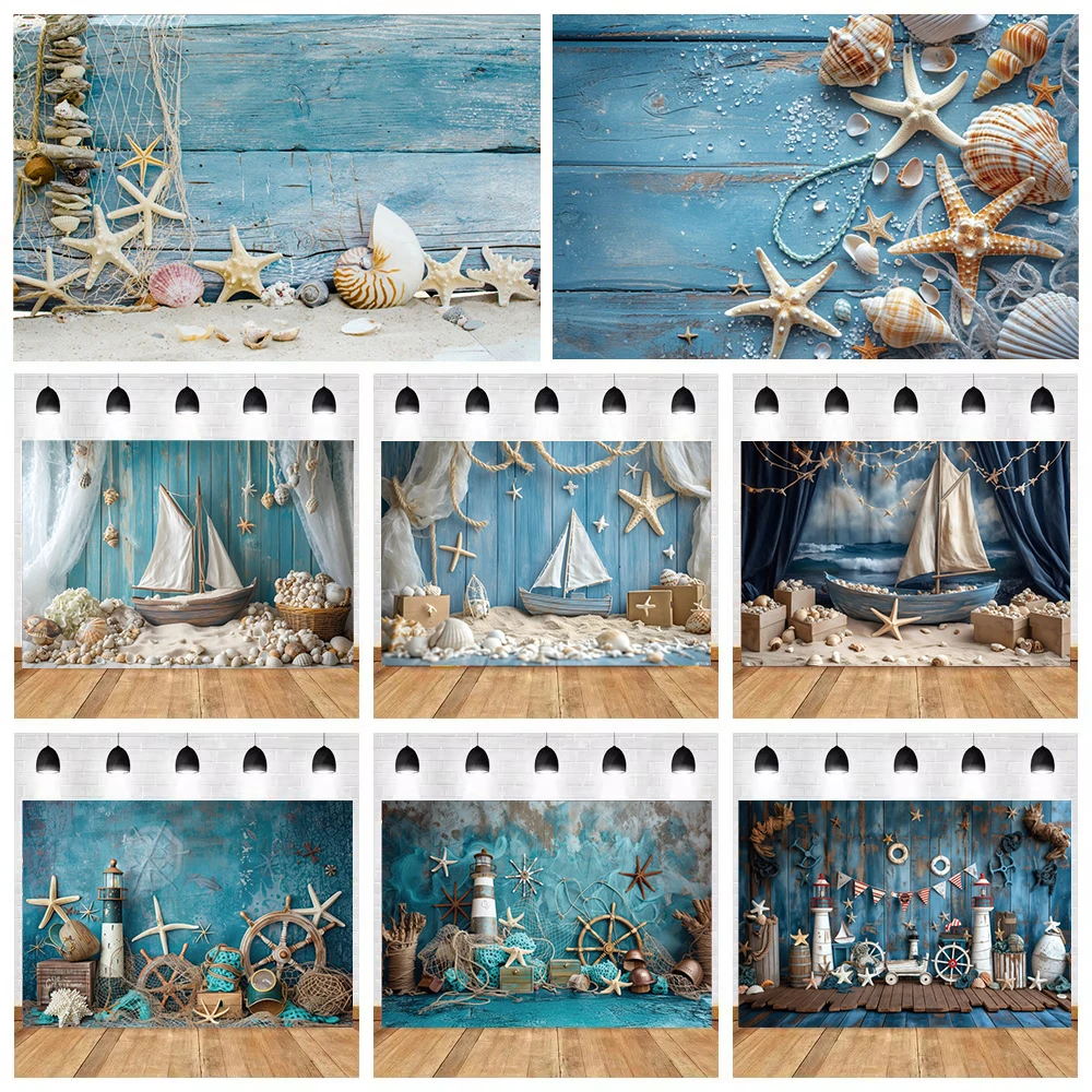 

Nautical Sailboat Backdrop for Photography Wooden Board Sailboat Shells Nautical Adventure Baby Kids Birthday Photo Background