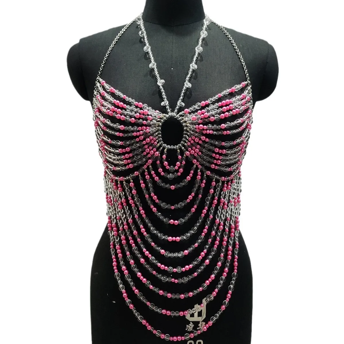 Handmade Beaded Tops Fuchsia Pearl Bra Halter Green Beaded Layered Lingerie Harness Bralette Beaded Women Vest Beachwear