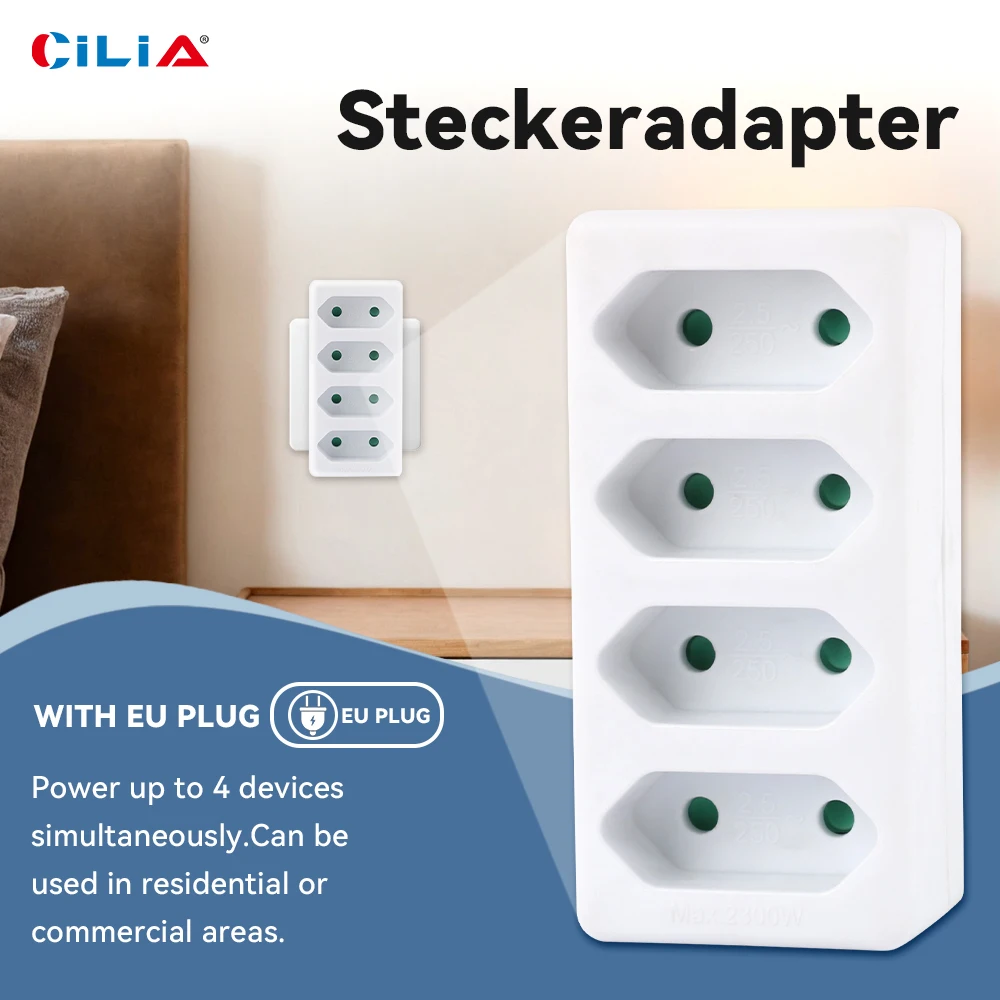 CILIA Europa - Tomada de Extensão Elétrica com Interruptor e Plugue Schuko, 3 Saídas 3680W, Conversor Padrão Europeu de 2 Pinos, Certificado CE