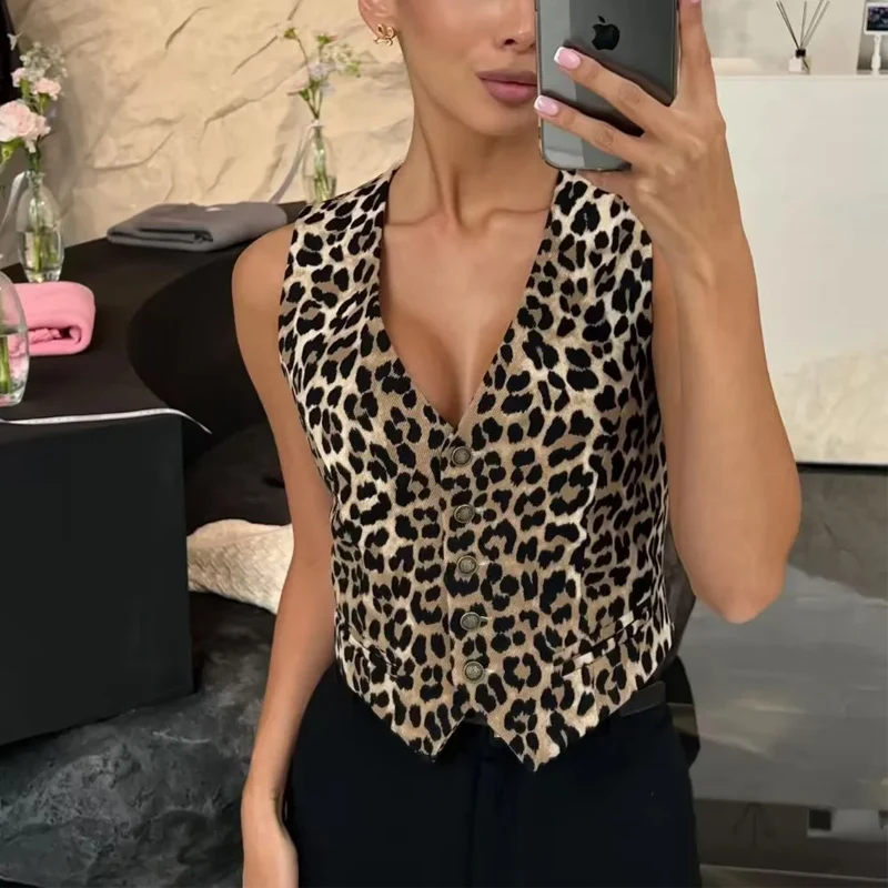 TRAF Women\'s Leopard Tops 2024 Summer Tank Vest Tops Ladies Fashion Casual Elegant Sleeveless Printed Vest Tops For Female