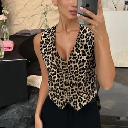 HXAO Cropped Leopard Vests 2024 Women Autumn Printed Waistcoat Outerwears Ladies Fashion Casual Elegant Sleeveless Short Vests