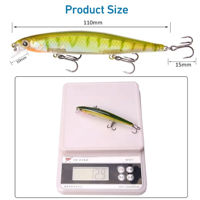 Artificial Hard Minnow Fishing Lures, Isca Wobbler, Perca, Perca, Pike, Carpa, Bass, Swimbait Flutuante, 12,9g, 11cm, 1Pc