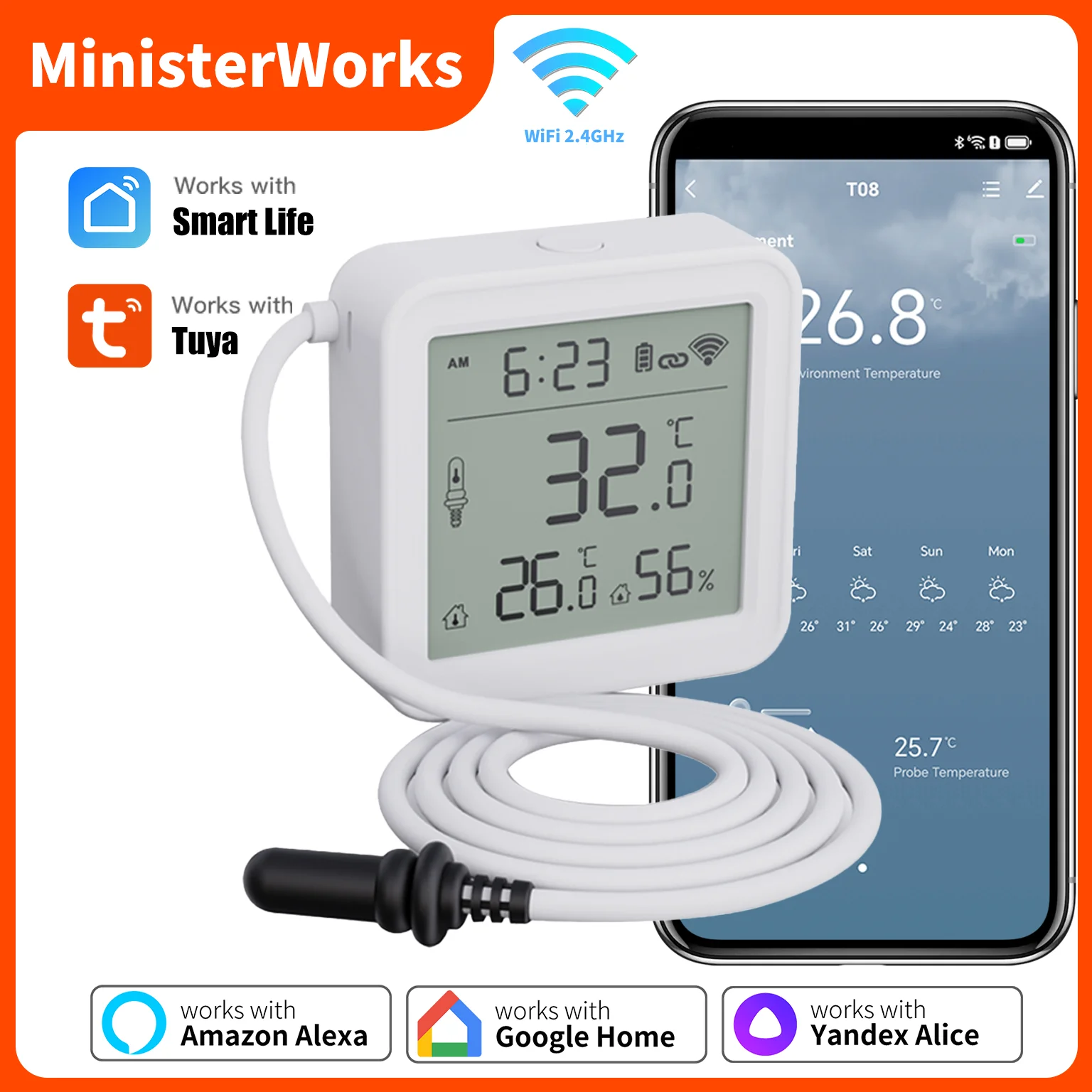 

Датчик температуры и влажности Tuya Wi-Fi, внешний датчик 1 м, кабель, зонд, приложение, удаленный монитор, работает с Alexa Yandex