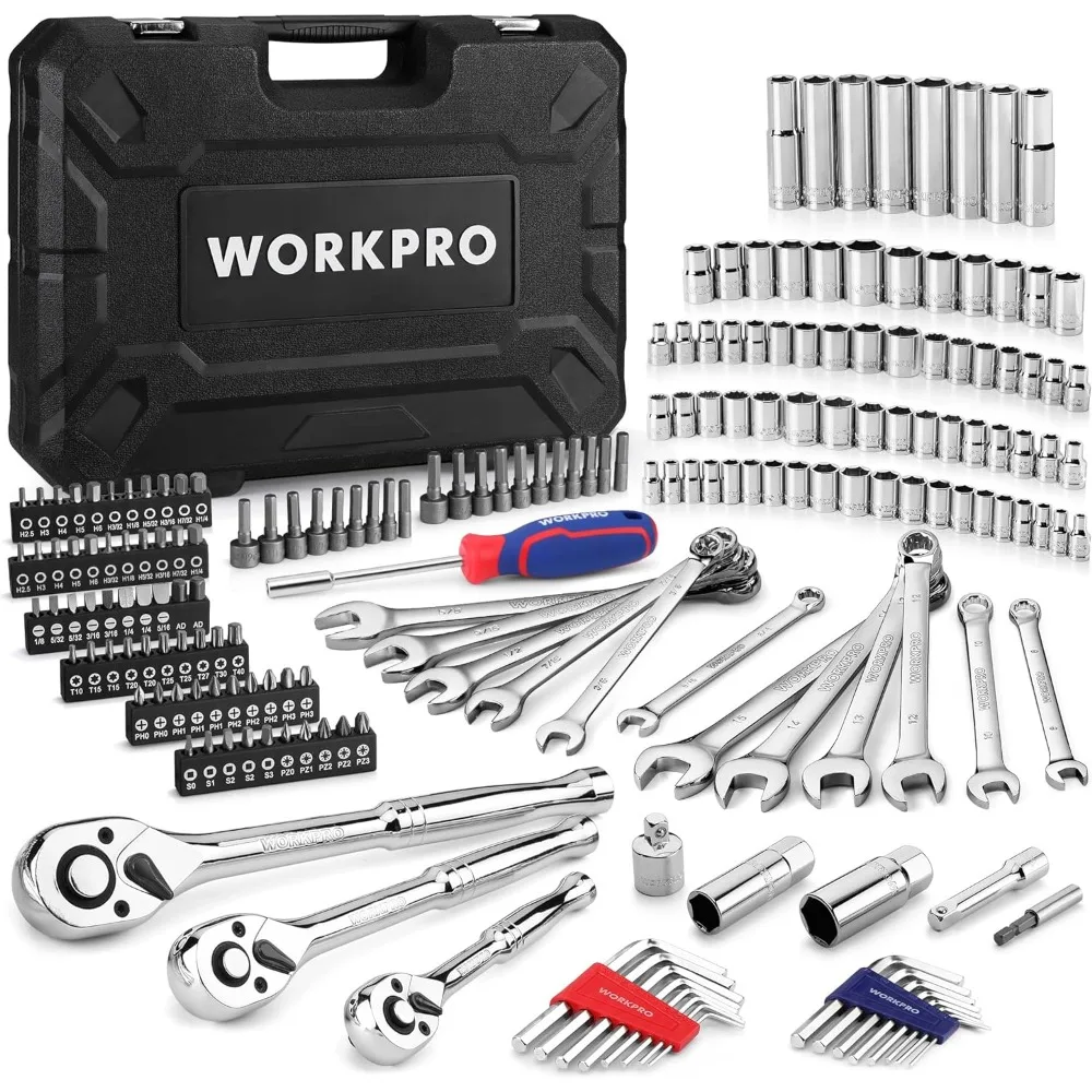 Mechanics Tools Kit and Socket Set, 192-Piece, SAE&Metric, 1/2'', 1/4'', 3/8'' Drive Socket Ratchet Wrench Set with Molded Case