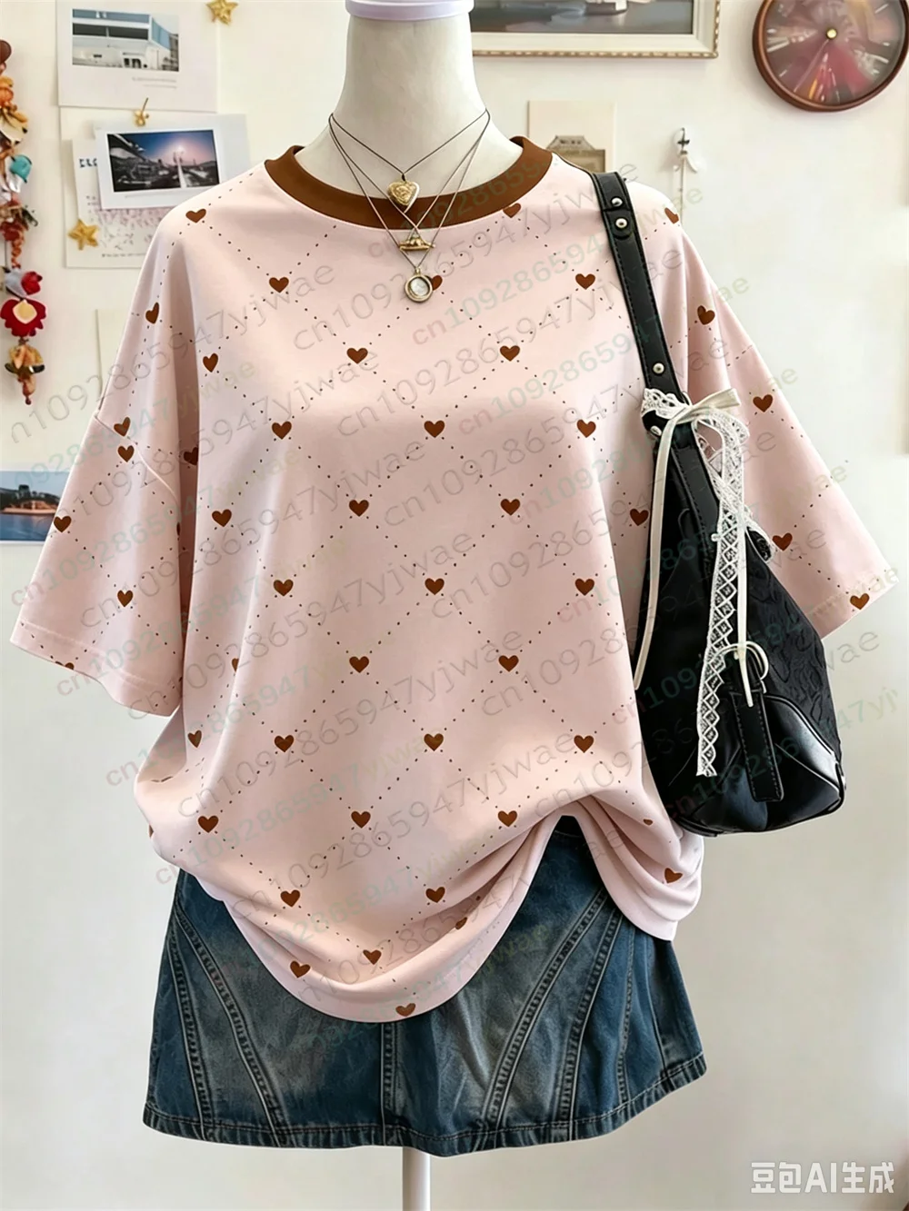 Herzförmiges Polka-Dot-Muster, O-Ausschnitt, Kurzarm-T-Shirt, vielseitiges Casual-Oberteil, Y2K Streetwear, Sommer-Damen-T-Shirt – Detail 6