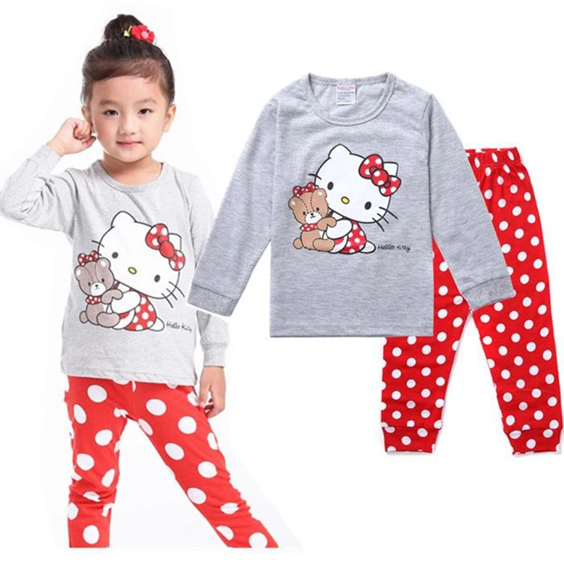 Baby Girls Pajamas Clothes Set Kids Cartoon Hello Kitty Long Sleeve Top+Pants 2pce Outfits Toddler Cotton Home Sleepwear Suits