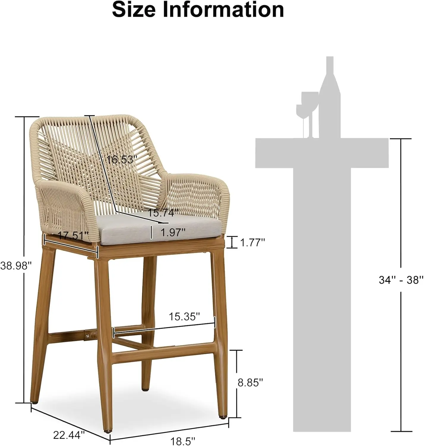 Bangku Bar tinggi konter 24 "luar ruangan Set kursi 2, semua cuaca rotan, bangku Bar teras aluminium, bantal untuk dalam dan luar ruangan