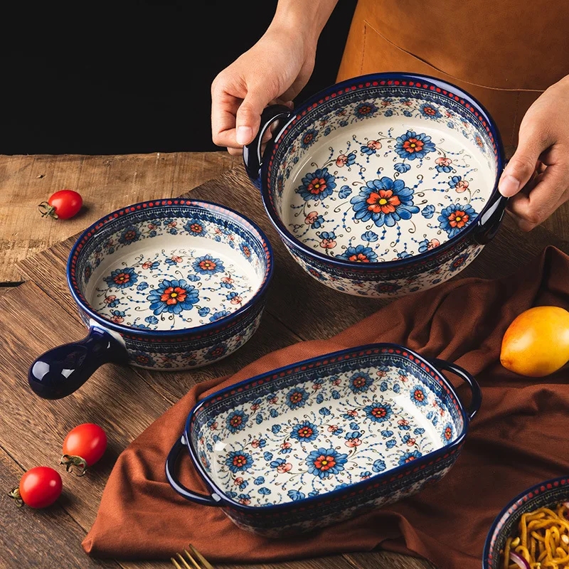 1pcs Blue Polish Underglaze Color Ceramic Bowl with Handles & Rectangular Bakeware, Household Tableware for Soup, Salad & Baking