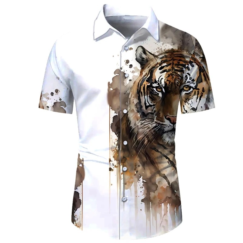 Men's Ink Painting Tiger Button Short Sleeve Shirt Fashion Hawaii Short Sleeve Outdoor Beach Summer Seasonal Button Down Shirt 3