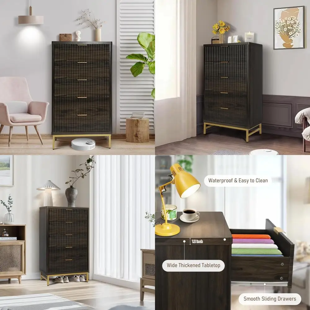 

Современный деревянный комод с 5 ящиками и металлическими ручками для спальни, гостиной и прихожей