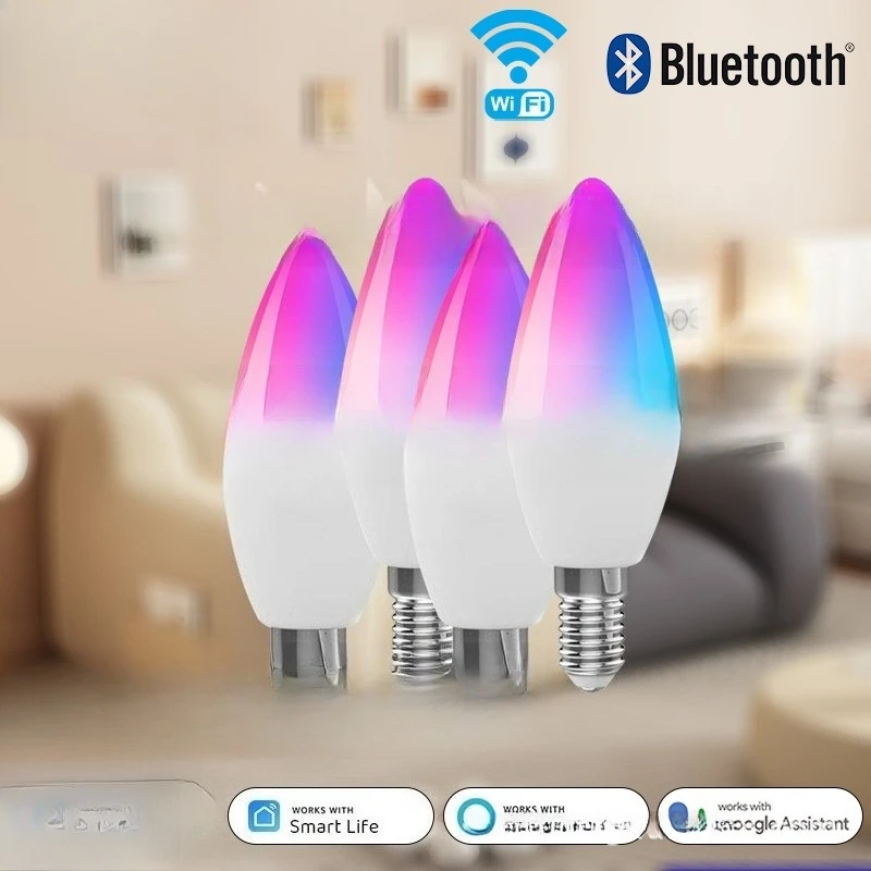 

E14 Умная лампа Wi-Fi или Bluetooth Светодиодные лампы с регулируемой яркостью RGBCW Приложение Smart Life Люстра Светодиодная лампа-свеча AC 220 В-240 В