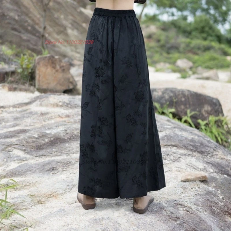 2025 السراويل الصينية خمر الوطنية زهرة التطريز قلادة مرونة الخصر السراويل الشعبية التقليدية الساتان الجاكار السراويل فضفاضة #4
