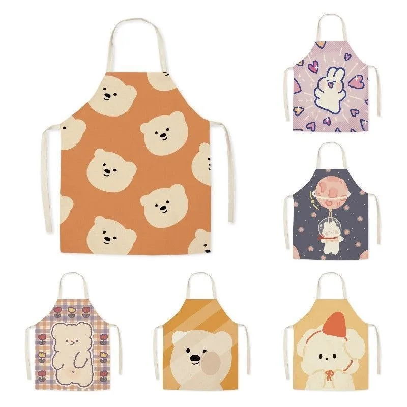 Simple fashionable cartoon cute bear sleeveless apron kitchen cooking baking linen fabric bib adult cleaning apron