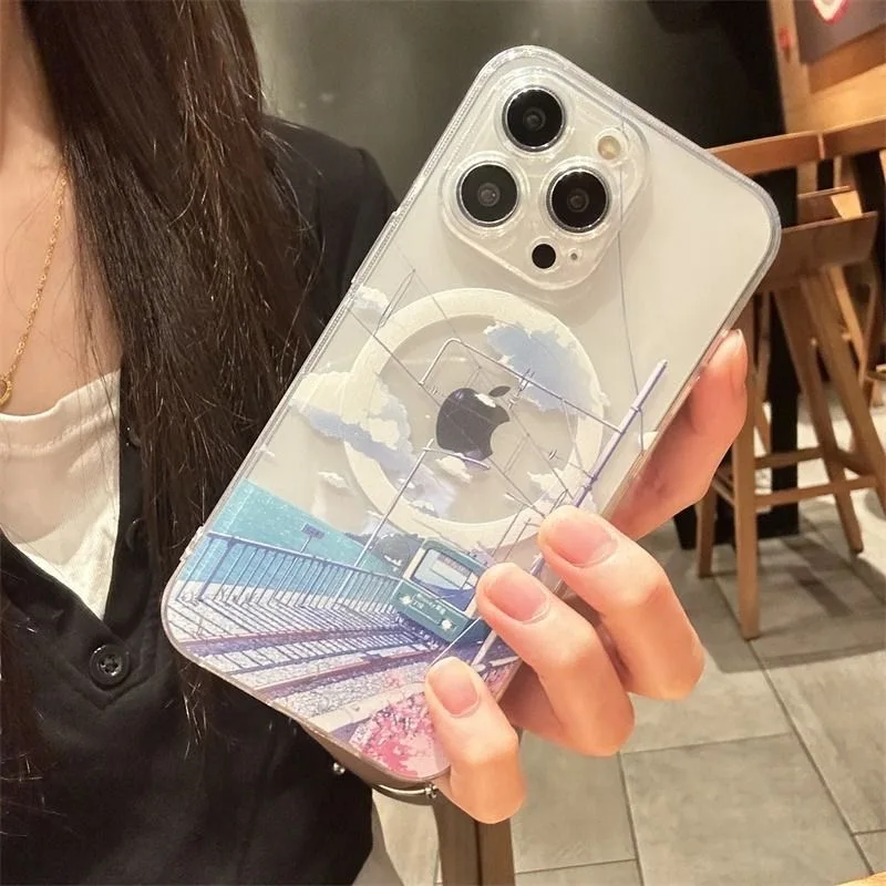 Hot Anime Blue Sea Pink Trees Train Scenery Magsafe Magnetic Phone For Samsung Galaxy S24 S23 S22 S21 S20 FE Plus Ultra 5G Cover