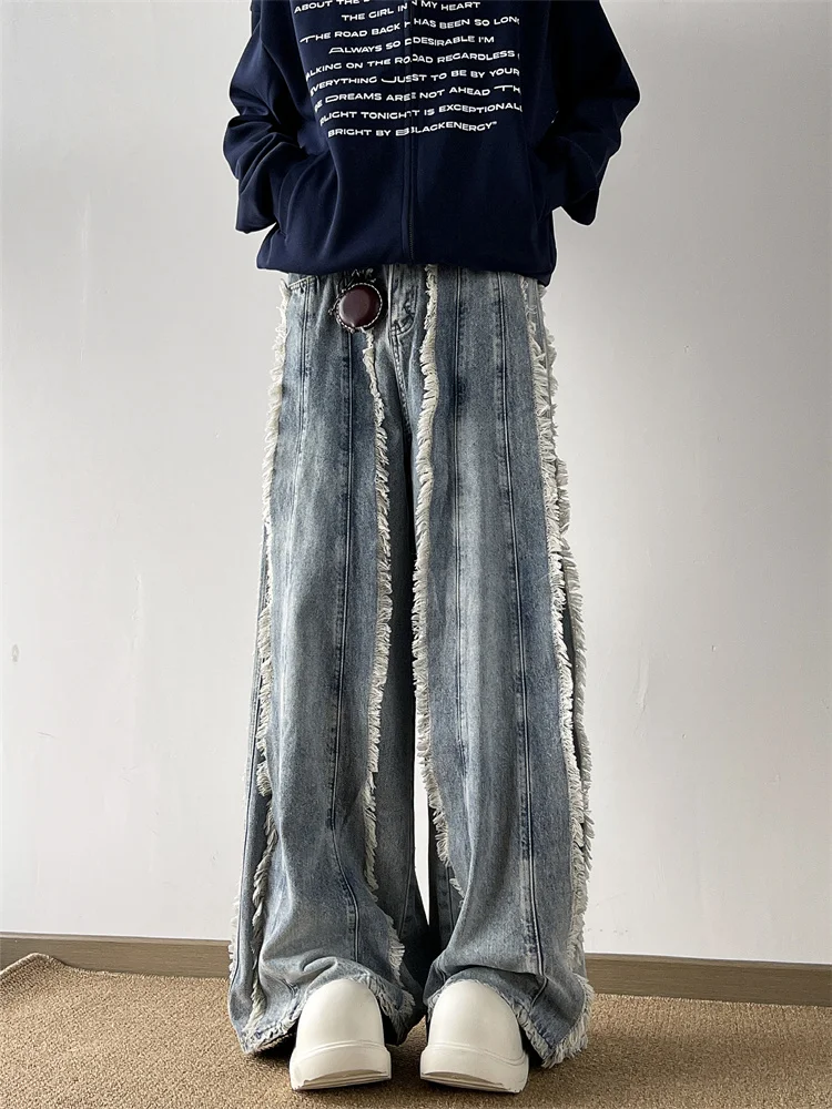 Men's Fringed Splicing Jeans Autumn Fashion High Street Washed Denim Pants American Casual Retro Male Wide Leg Tassel Trousers