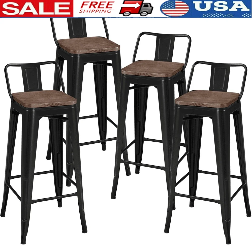 30 Inch Metal Bar Stools Set of 4 with Backrest Sturdy Powder-coated Steel Foot Ring Industrial Style Home Dining Bar Café