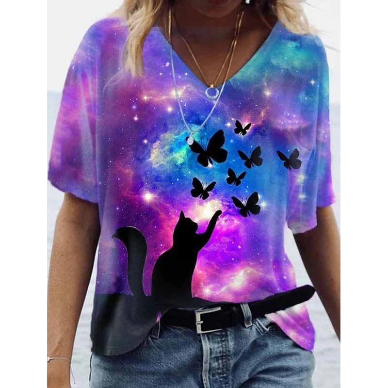 الصيف القط فراشة الأزهار ثلاثية الأبعاد المطبوعة النساء تي شيرت خمر الشارع الشهير تي شيرت موضة تيز Y2k الإناث الملابس المتضخم القمم