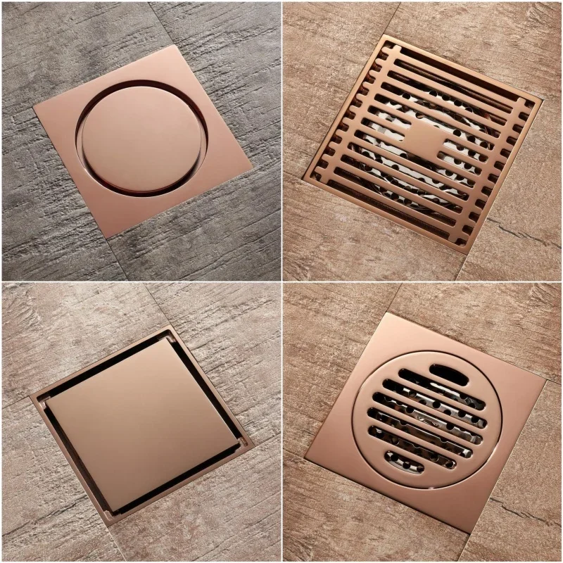 

Rose Gold Bathtub Drain Stopper Bathroom Brass Floor Shower Drain Waste 10cm Floor Anti-odor Drainer Square Toilet Drainage