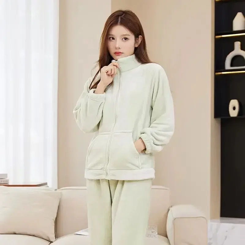 Autumn Winter Women\'s Warm Zipper Pajama Sets Solid Soft Flannel Loung Sleepwear Thick Fleece Homewear Pijama Mujer Night Suits