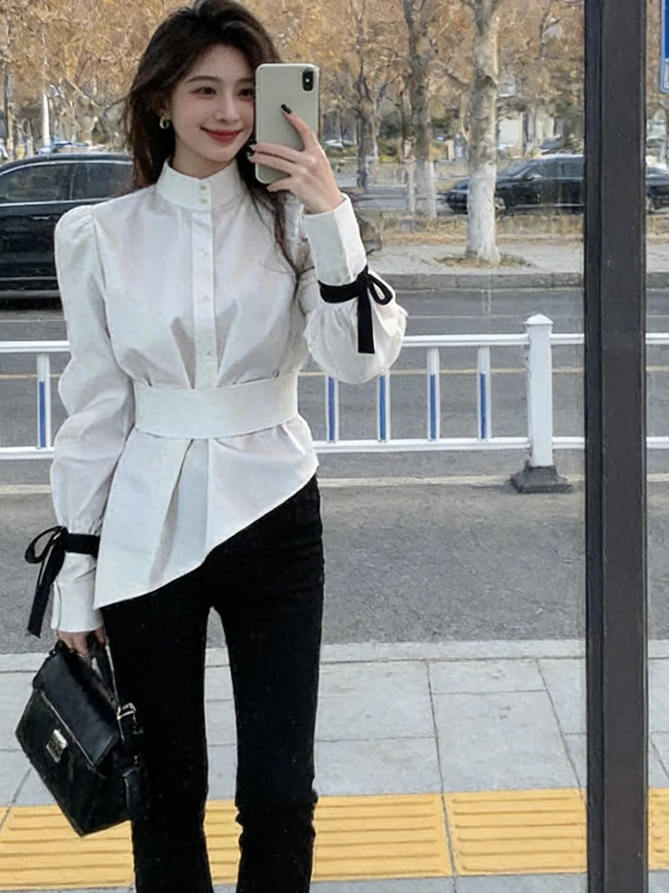 

Retro Elegant White Women's Shirt Spring New Style High Waist Long Sleeve Asymmetrical Bubble Sleeve Shirt French Style Butte...