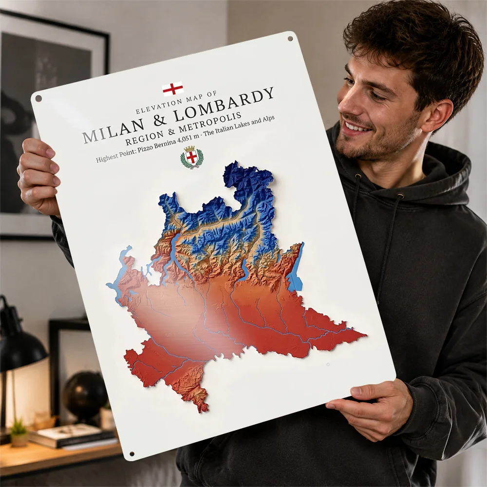 Elevation Map of Milan and Lombardy Personalized 3D Textured Metal Poster Wall Art Vintage Tin Signs for Gaming Room Decoration
