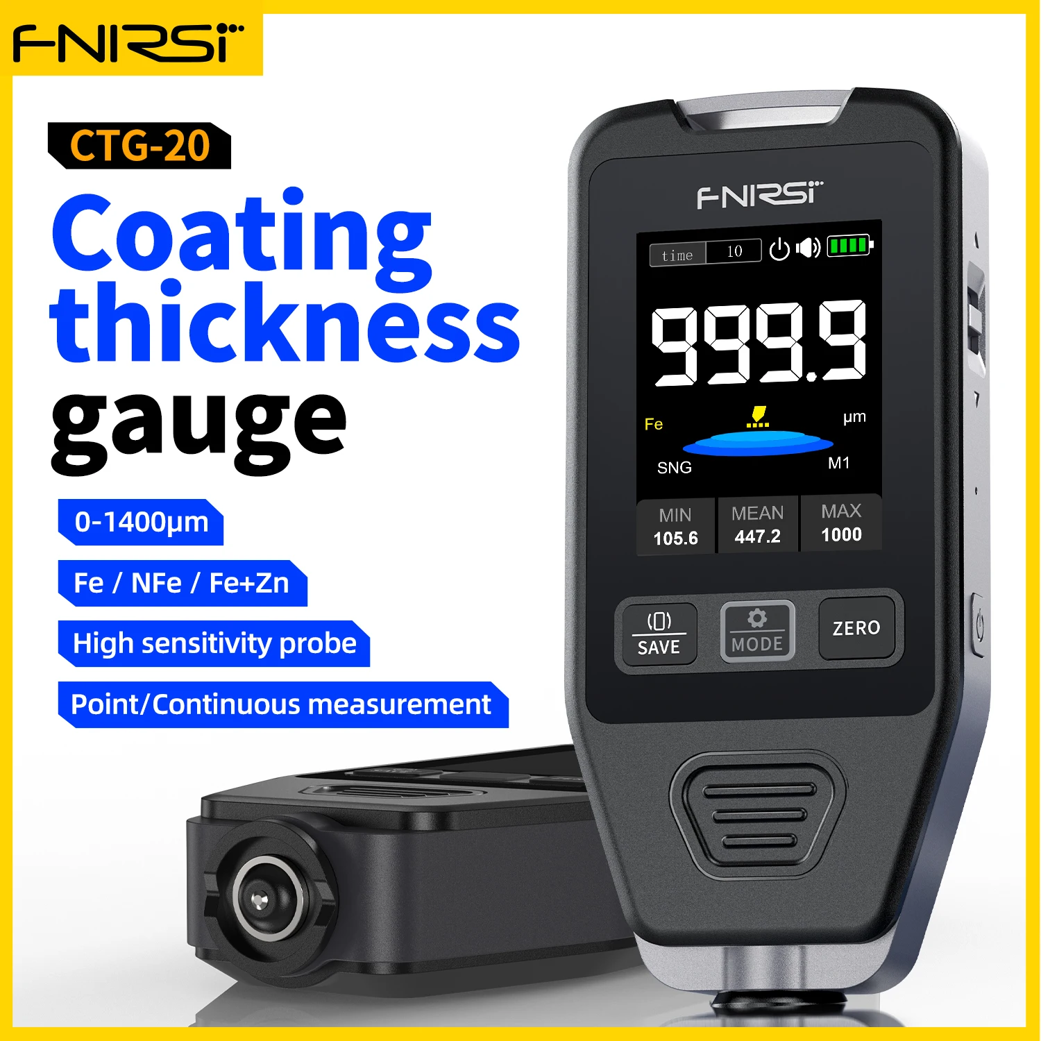 

FNIRSI CTG-20 Coating Thickness Gauge 0-1400um Car Paint Film Thickness Tester Fe nFe Fe+Zn Electroplate Metal Putty Powder