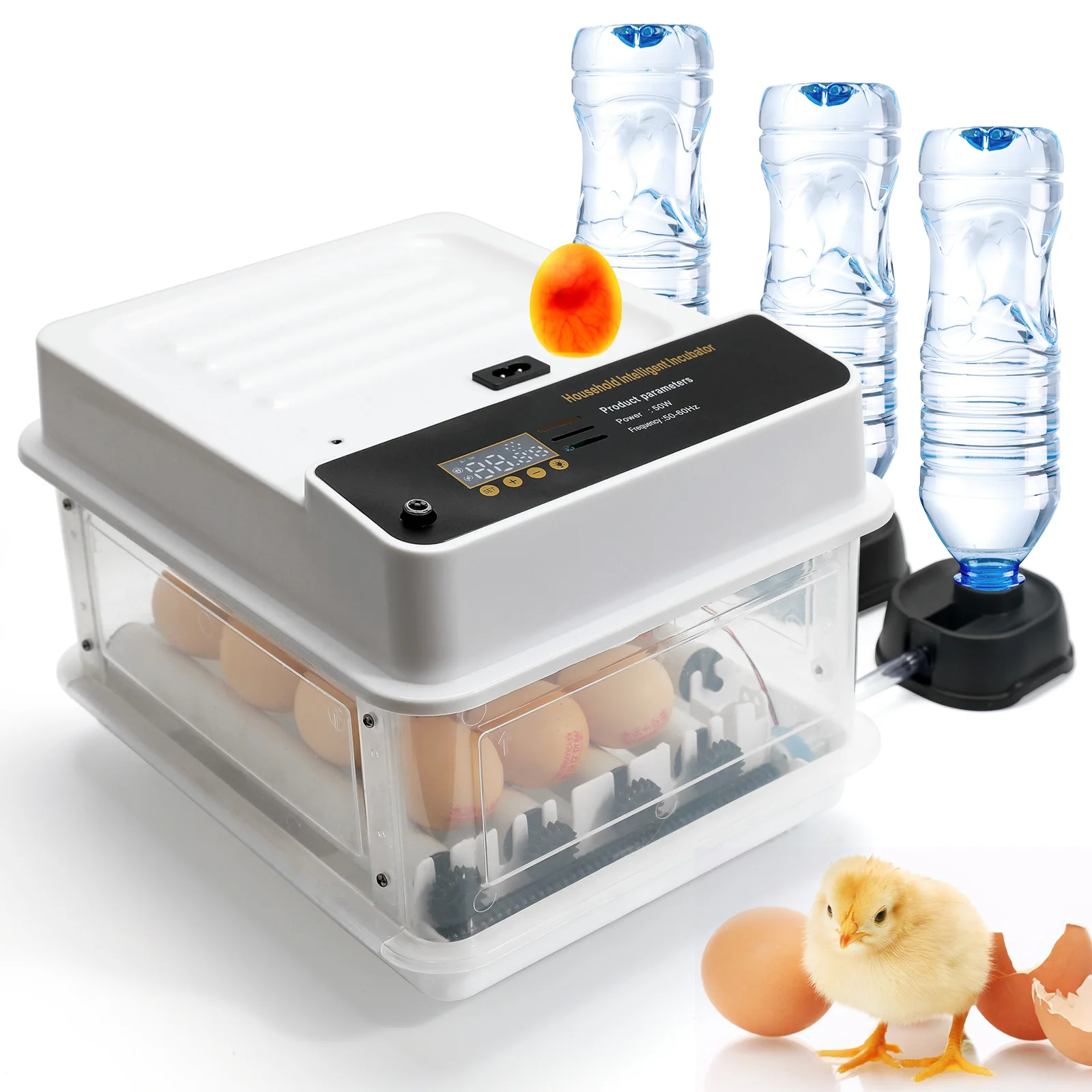 Incubatrice completamente automatica con sistema di rotazione automatica delle uova, controllo della temperatura, illuminazione a LED e doppia alimentazione, ideale per l’incubazione di uova di