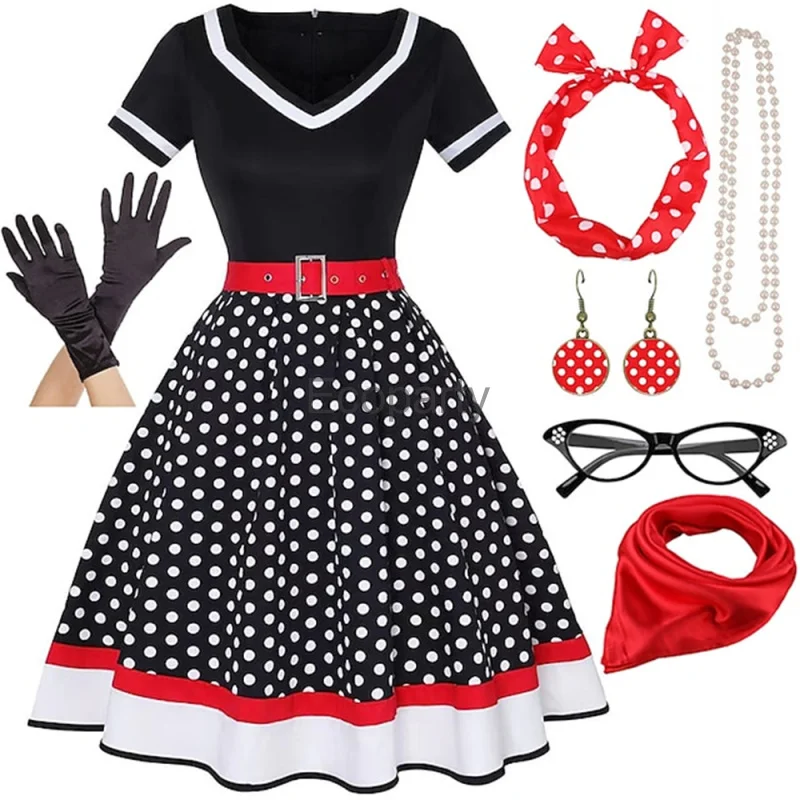 1950s Vintage kostium Hepburn dla kobiet Retro czarny punkt dekolt w serek sukienka trapezowa z okularami szalik rękawiczki garnitur kostiumy na Halloween