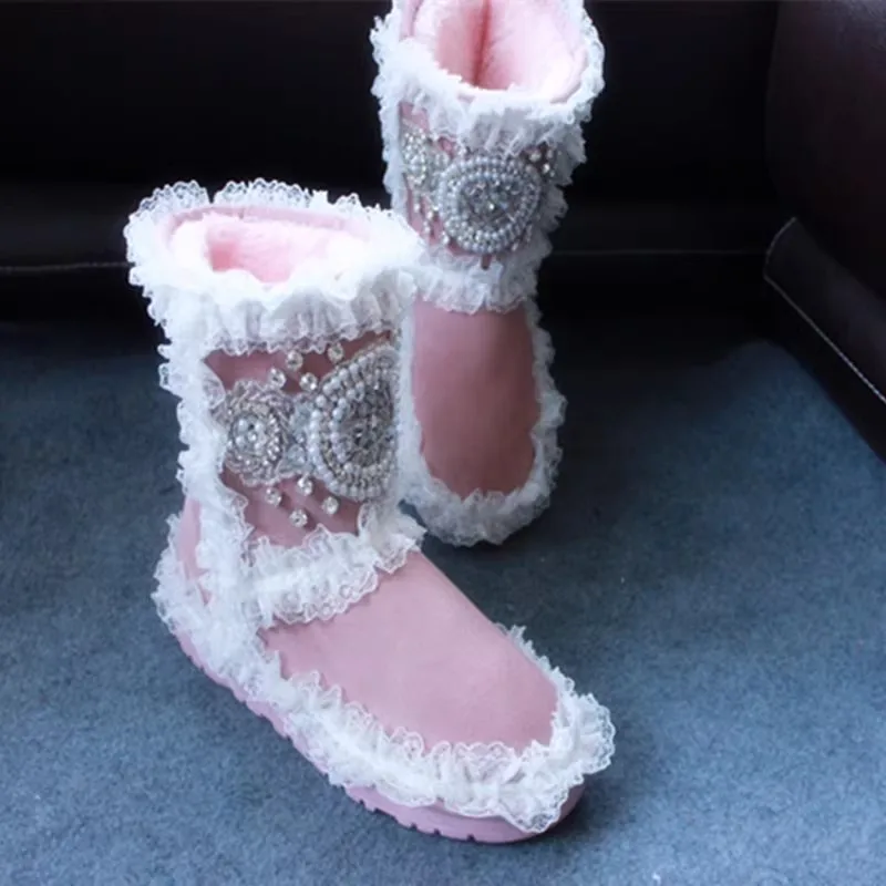 

Bling Crystal Pearls Flower Pink Suede White Lacework Snow Boots Sweet Girl's Thick Sole Warm Fur Inside winter Boots Shoes