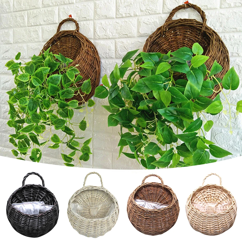 Hand Made Wicker Rattan Flower Planter Wall Hanging Wicker Rattam Basket Garden Vine Pot Plants Holder Garden Pots Wall Planter