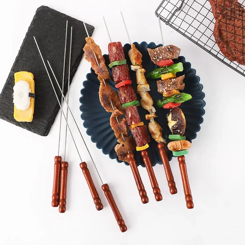 5pc/10pc/15pc Stainless Steel Barbeque Stick with Wooden Handle Round Barbeque Pin Flat Barbeque Lamb Skewer Barbeque Stick Bbq