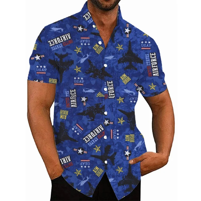 3D Printed Fighter Plane Pattern Hawaiian Shirts For Men Short Sleeve Casual Button Shirt Tops Mens Hip Hop Shirts Streetwear