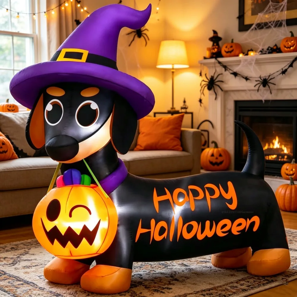 1.6M Halloween Inflatable Dog With Witch Hat  Pumpkin Bucket Built LED Light Suitable Indoor Outdoor Courtyard Garden Decoration