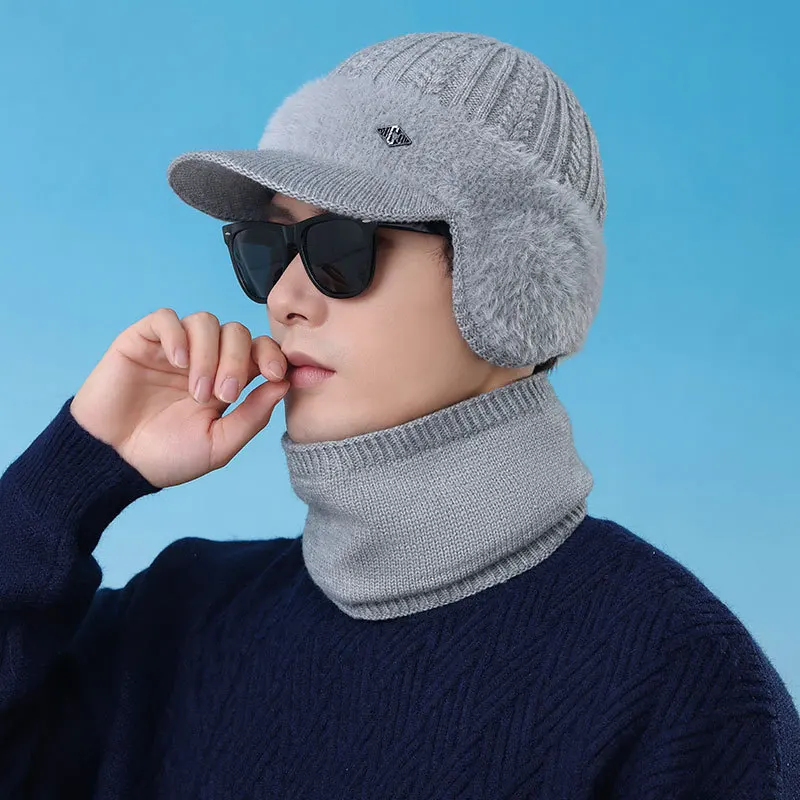 مجموعة قبعة ووشاح محبوكة للرجال - شتوية مبطنة بالمخمل ومقاومة للبرد للرياضات الخارجية وركوب الدراجات والمشي لمسافات طويلة وإكسسوارات ترفيهية مقاومة للرياح