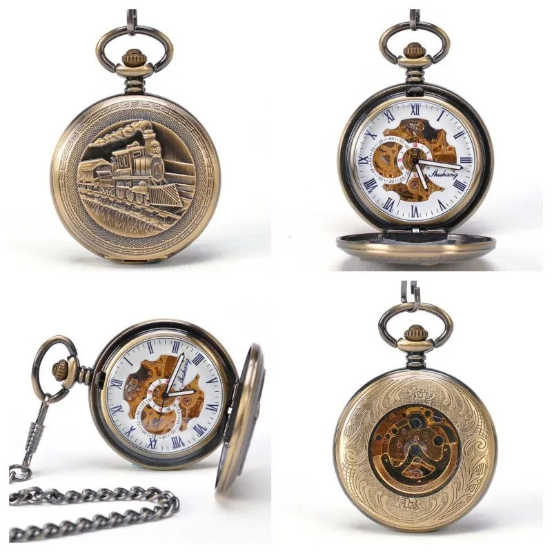 Relojes de bolsillo mecánicos, relojes de bolsillo para hombres, con tapa de cadena, cubierta transparente retro tallada, relojes de bolsillo para hombres y mujeres.