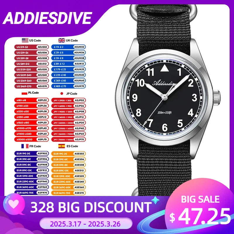 ADDIESDIVE 36 มม.Retro ทหารนาฬิกา K1Mineral แก้วสแตนเลสสตีลนาฬิกาส่องสว่าง Vintage Men นาฬิกาข้อมือ AD2079 reloj hombre