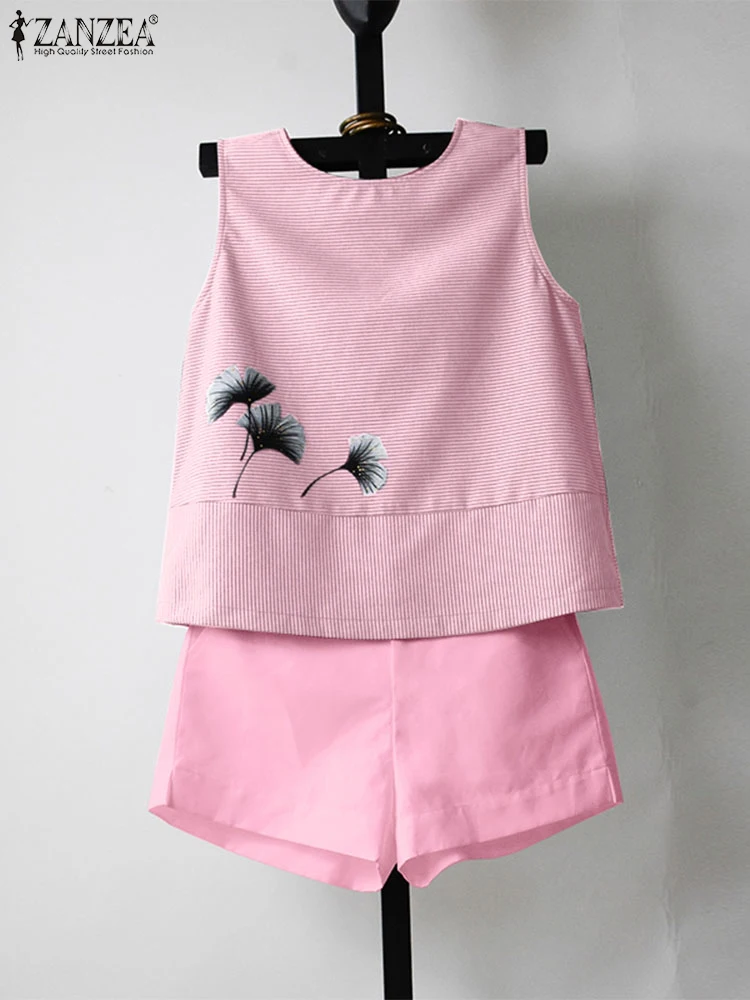 

Summer Floral Printed 2pcs Suits 2024 Women ZANZEA Loose Stripes Splicing Tank Outfits Casual Loose Colorblock Simple Short Sets