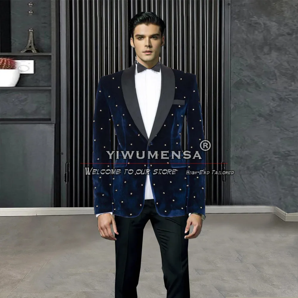 Handmae Pearls Navy Velvet Wedding Tuxedos Slim Fit Single Breasted Jacket Solid Black Pants 2 Piece Trajes De Hombre Elegante